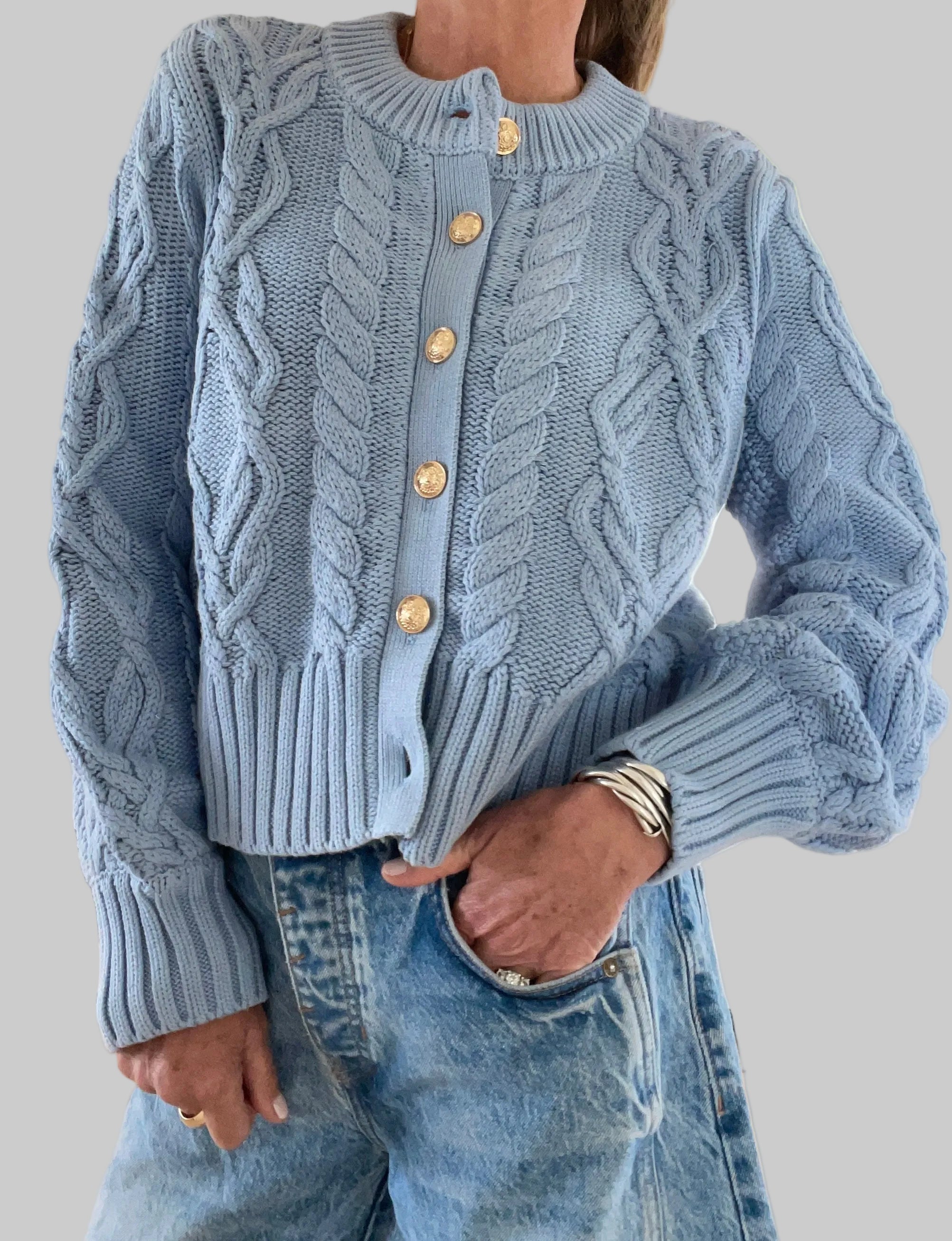 The Celine Crop Cable Cardigan Santorini Blue – Bright & Stylish