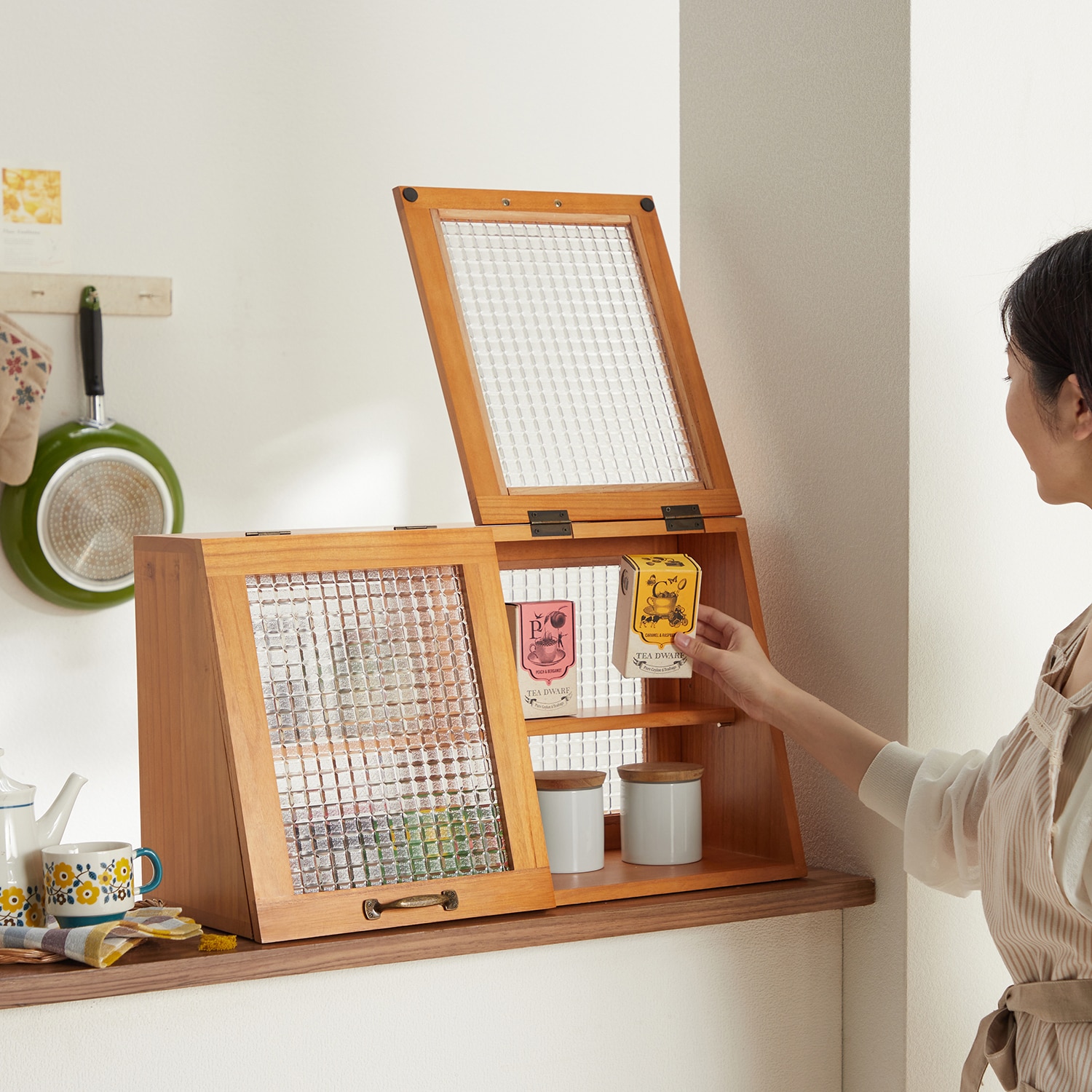 天然木桐材の軽量木製カウンター上収納ラック（キッチンカウンター上