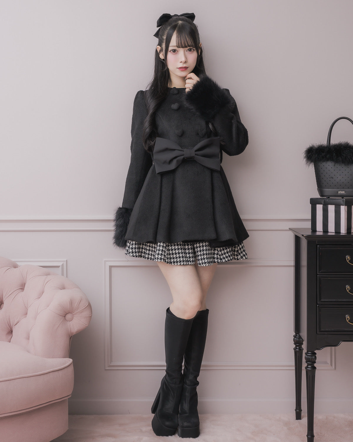 ハートボタンリボンベルトシャギーコート – pium