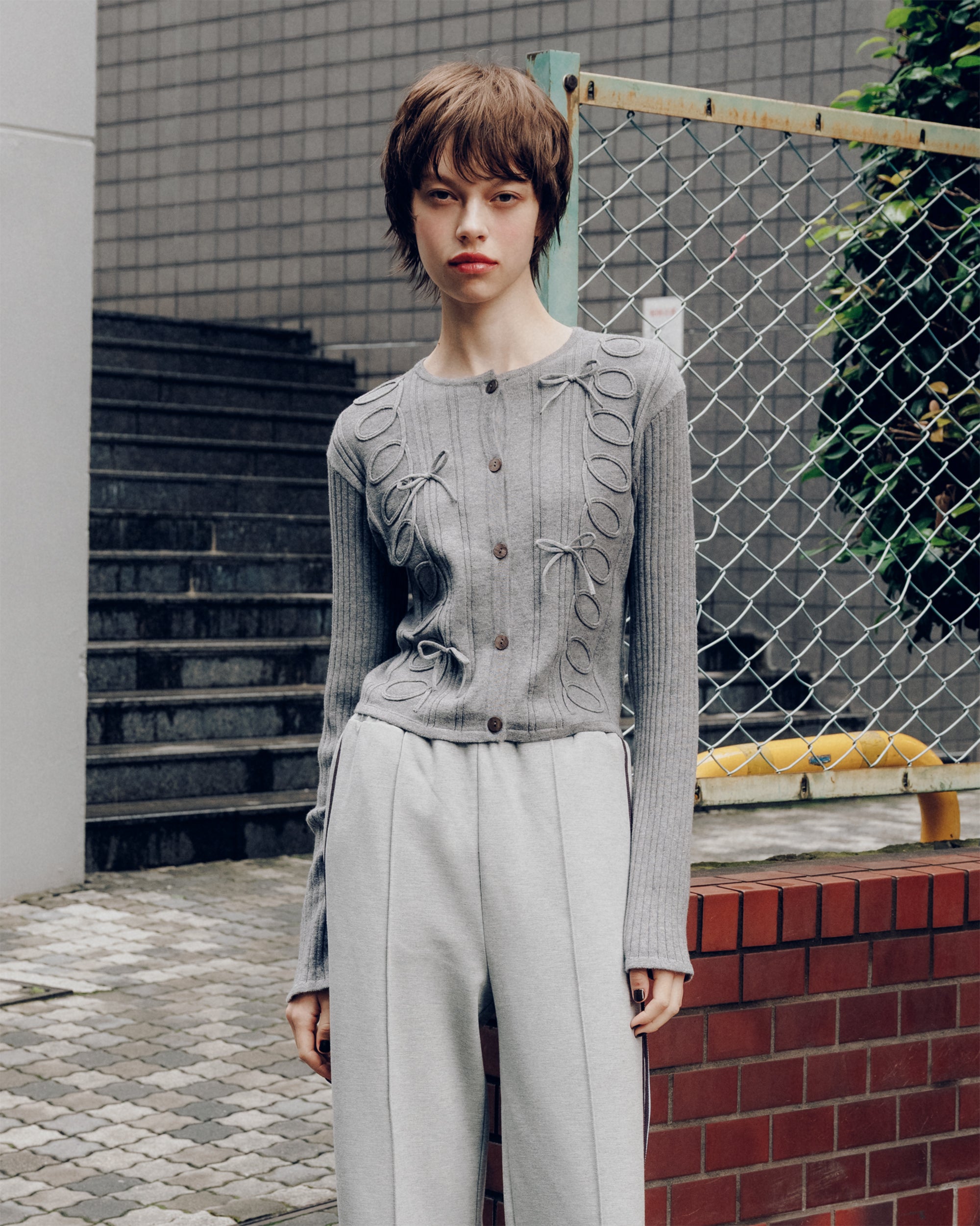 Kurukuru ribbon rib knit cardigan (gray)