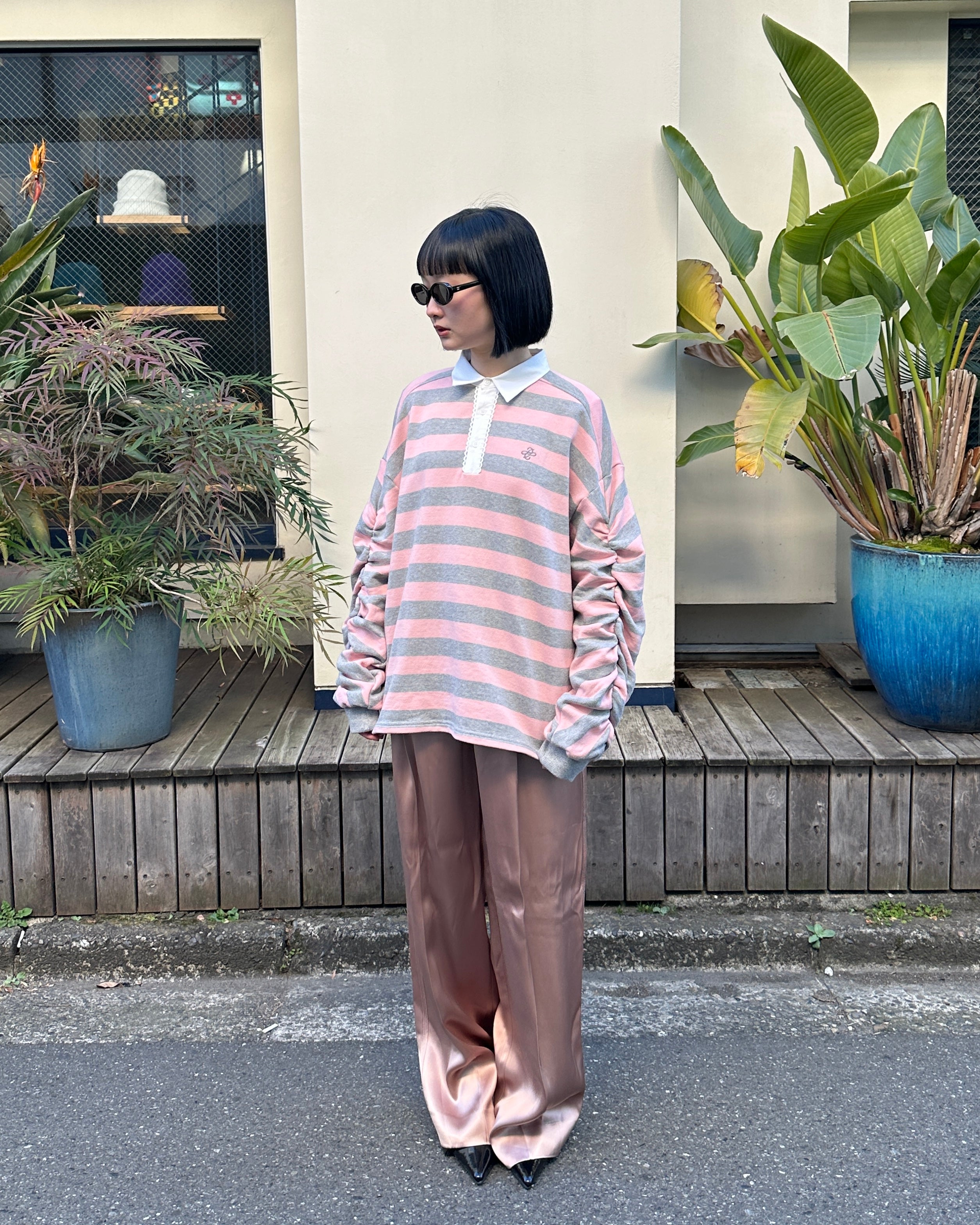 Gathered sleeve rugby shirt (pink/gray)