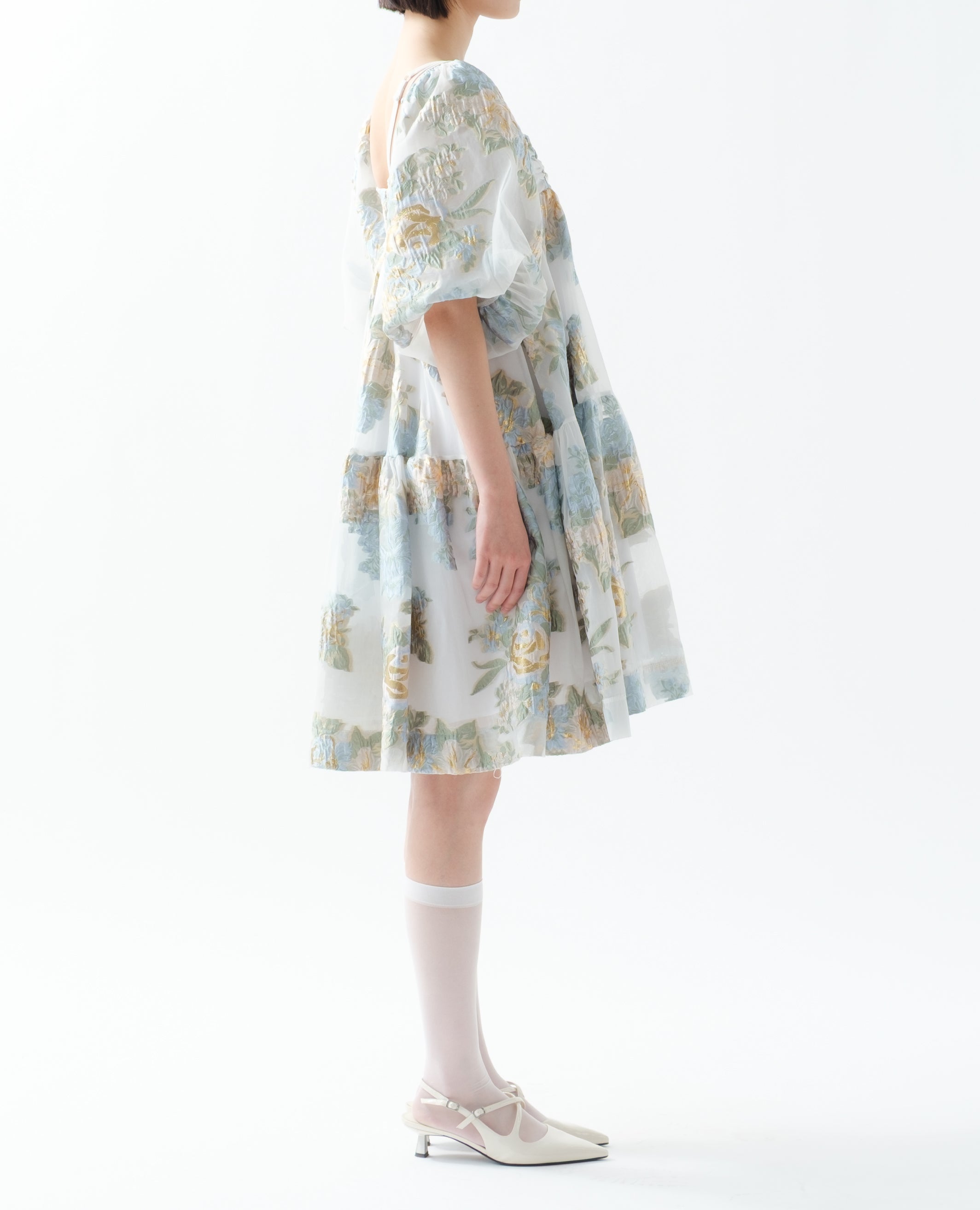 Gold jacquard puff mini dress