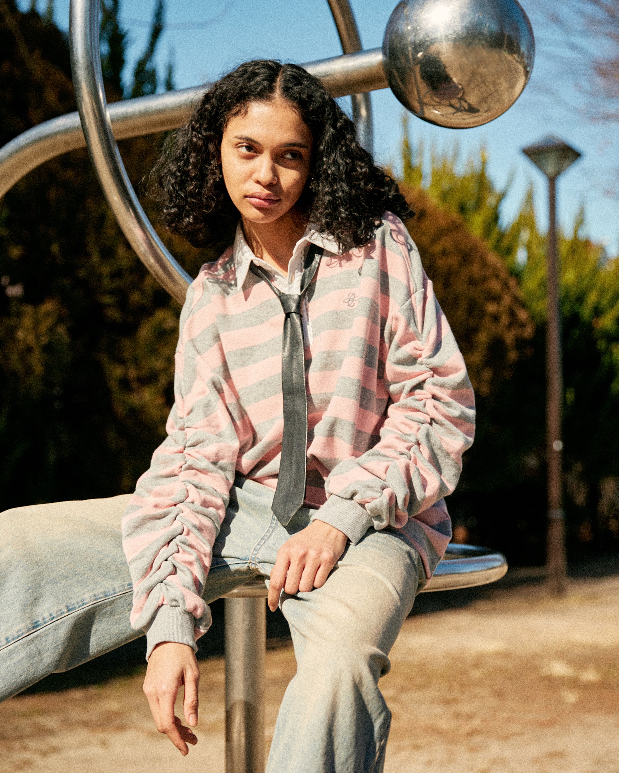 Gathered sleeve rugby shirt (pink/gray)