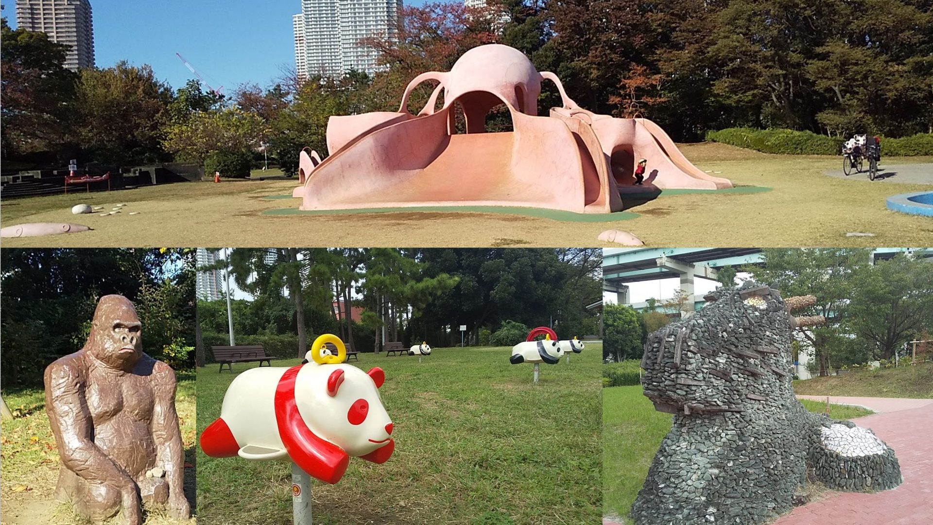 辰巳の森緑道公園｜巨大なタコやパンダの遊具に大興奮。豊洲の隣に都心