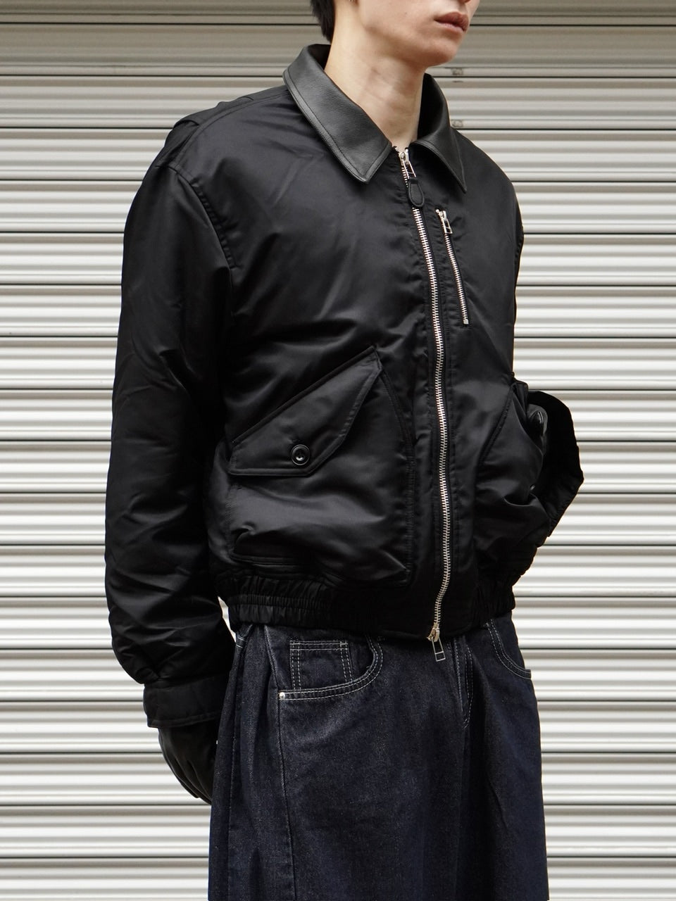 東京店WEB限定【Chikashitsu +】leather collar bomber jacket