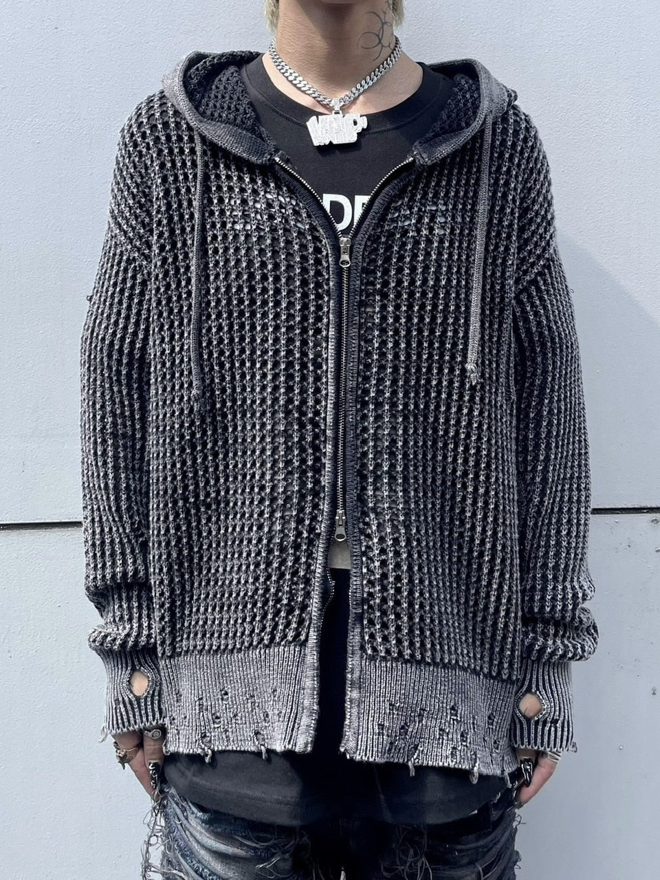 受注制【Never mind the XU】mesh zip damage hoodie (2color