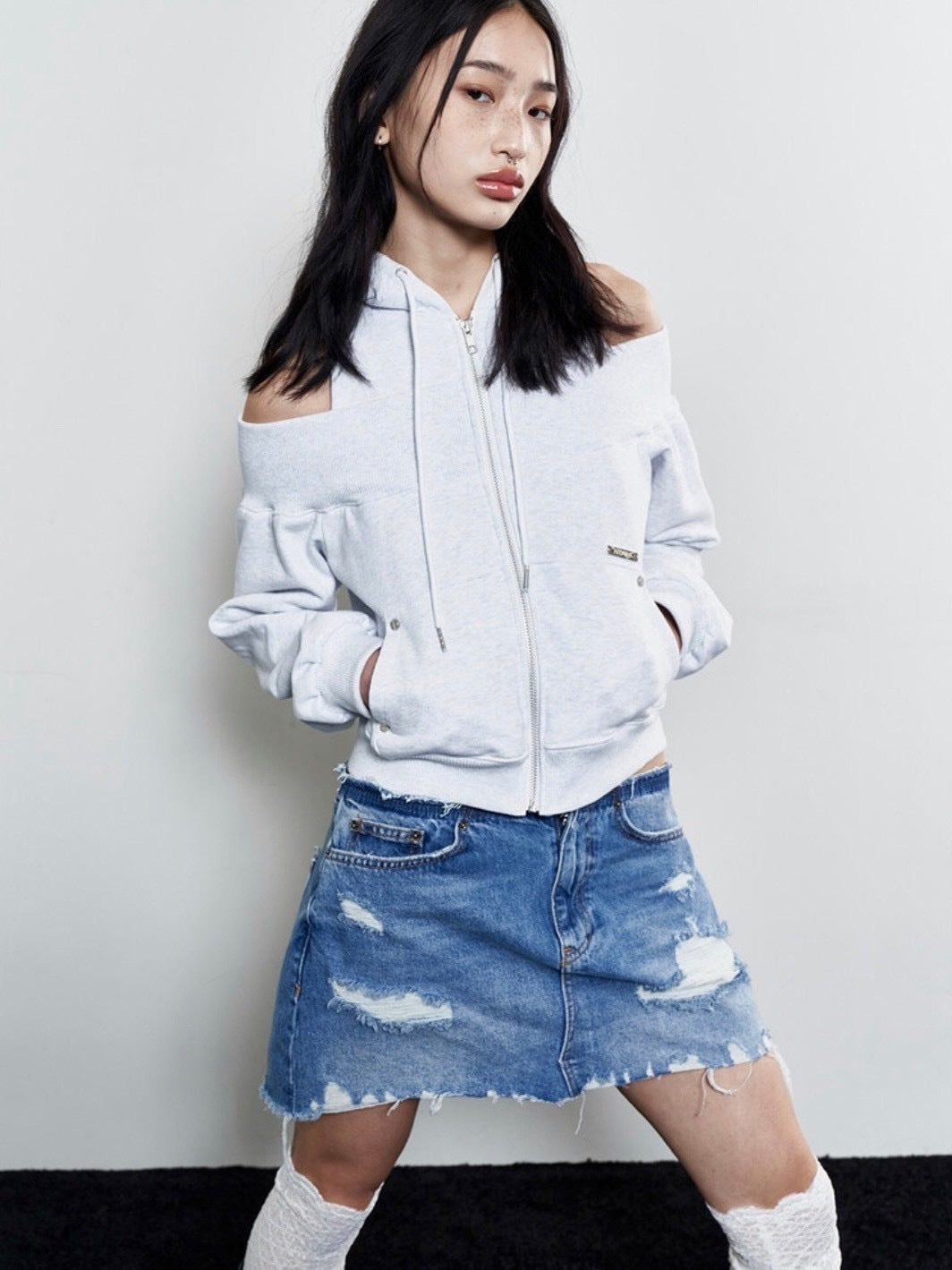 NOT KNOWING】Open Shoulder Zip Up Hoodie / 【ノットノーイング