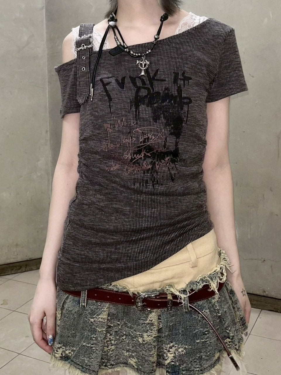 受注制【Never mind the XU】one shoulder punk tops (3color