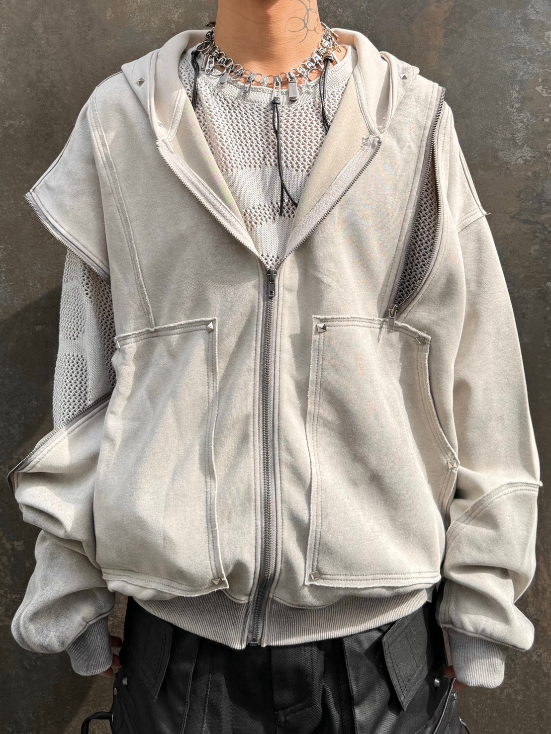 Never mind the XU】studs washing zip up hoodie / 【ネバーマインド