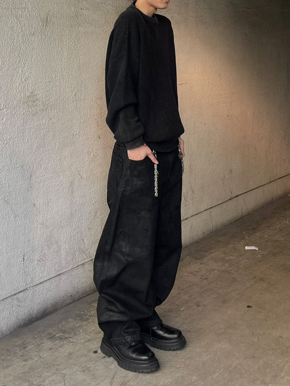 受注制【Chikashitsu +】coating damage wide denim pants