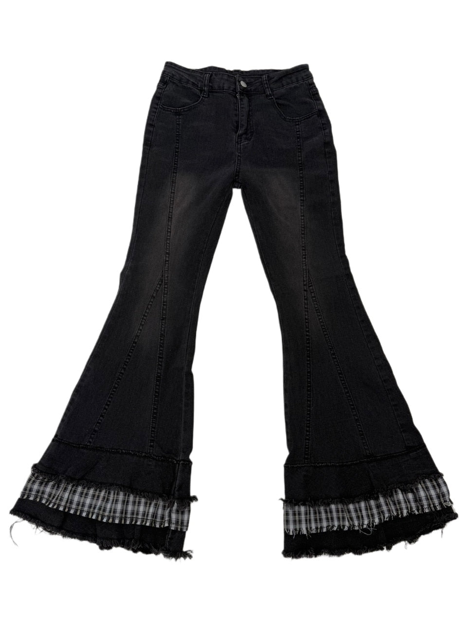 国際配送【Nerd out XU】check frill hem flare denim pants
