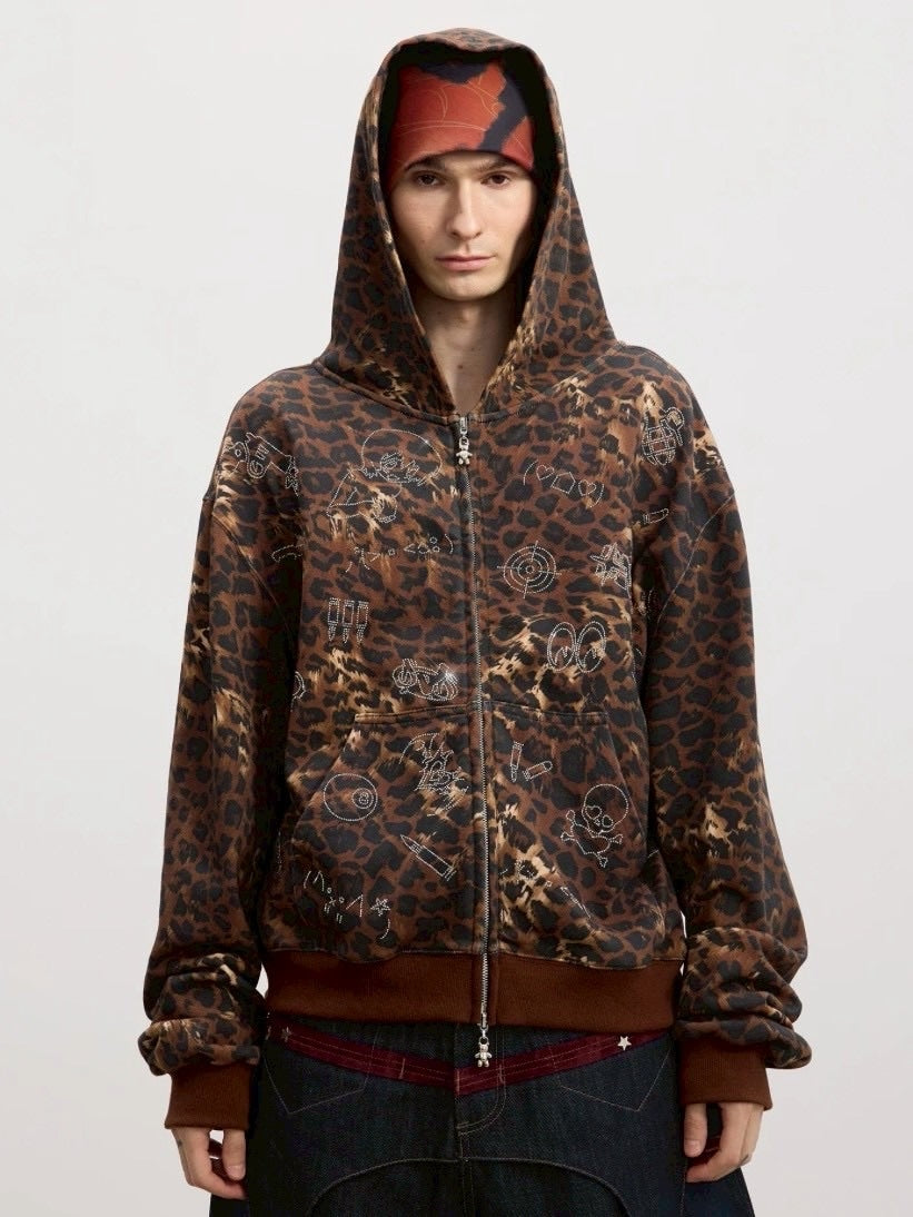 DND4DES】Cartoon Rhinestone-Studded Leopard Print Zip Hoodie