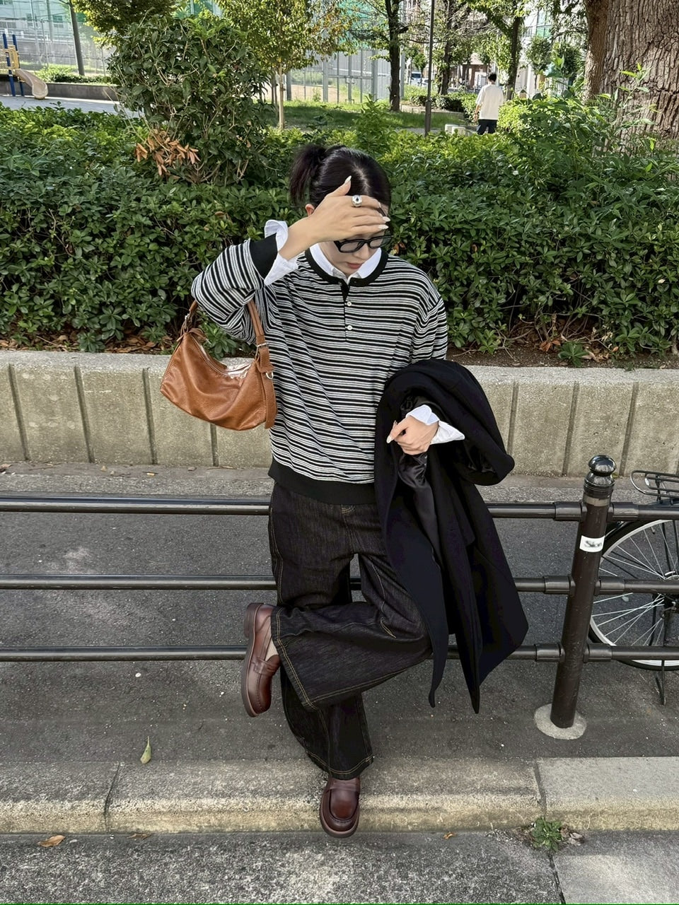 受注制【Chikashitsu +】cropped henry neck border knit