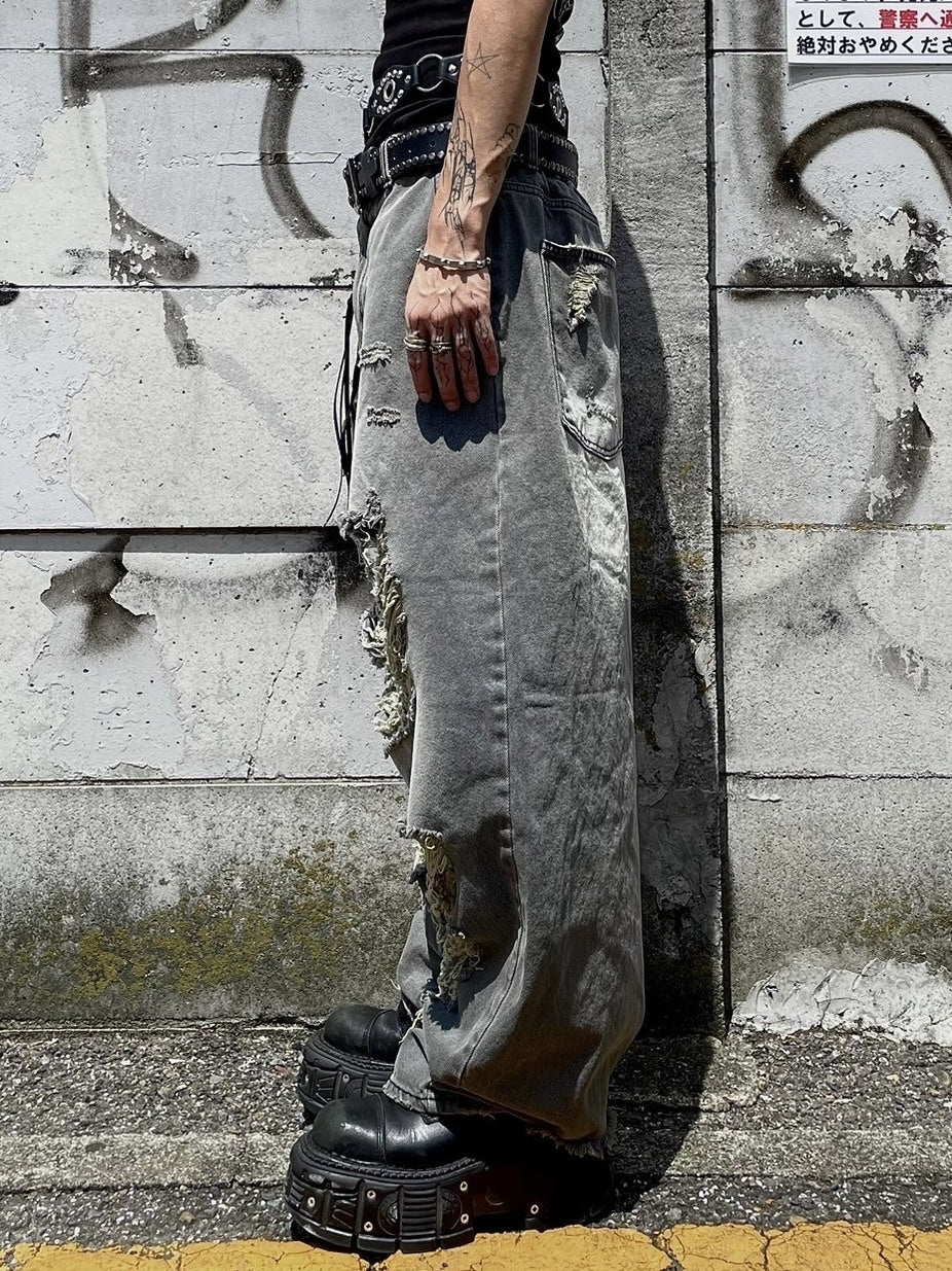 受注制【Never mind the XU】damage denim pants (3color) / 【ネバー