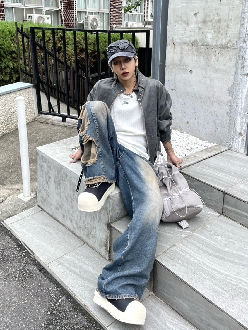 受注制【Never mind the XU】camouflage side damage denim pants