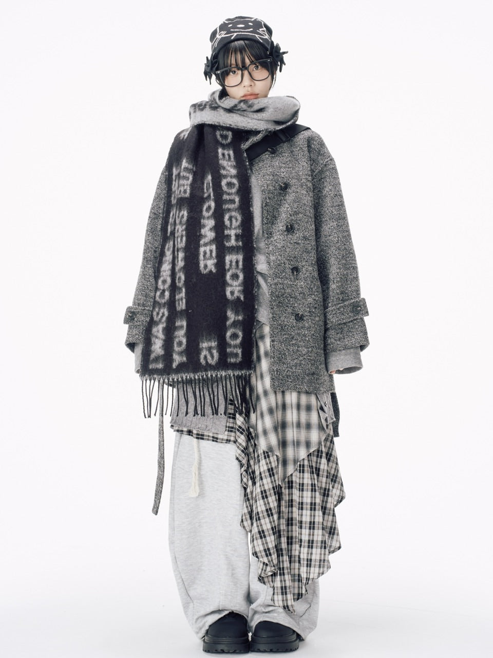 Nerd out XU】asymmetry check skirt / 【ナードアウトエックスユー