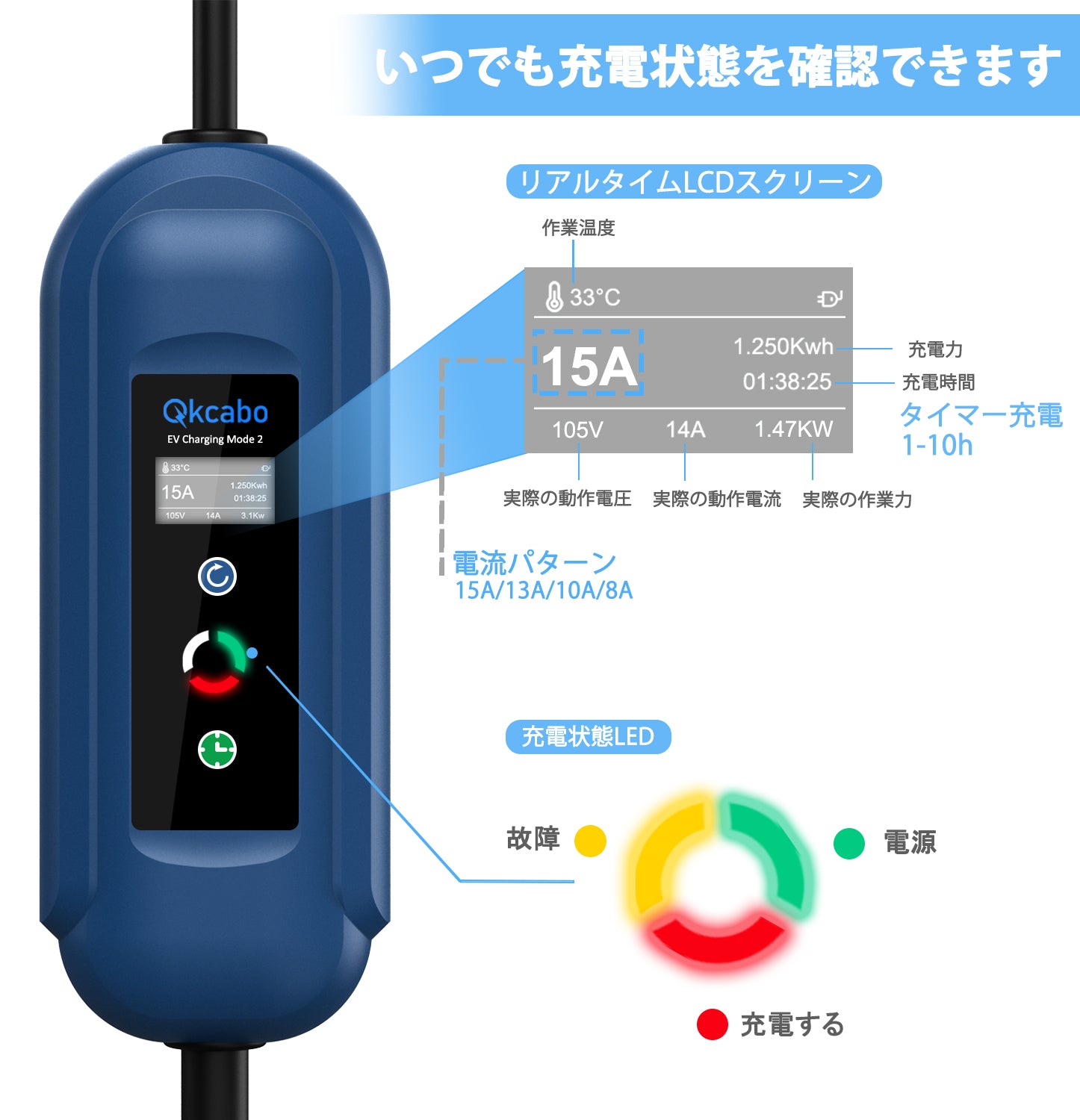 Qkcabo 100V-240V 電気自動車 充電ケーブル EV 充電ケーブル、8A/10A