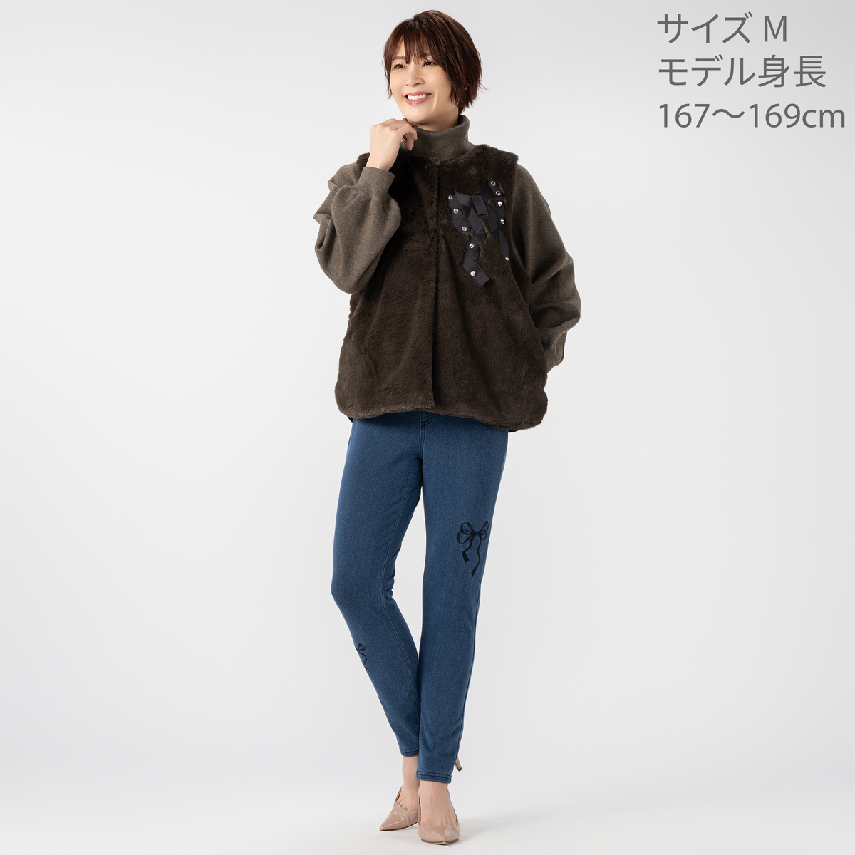 &LOVE リボン刺繍の裏起毛ニットデニムレギパン アンドラブ（&LOVE