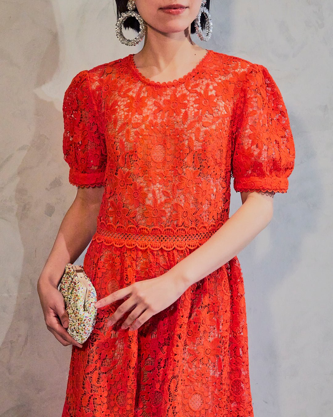 Self-Portrait 結婚式・パーティードレス｜オレンジのレースドレス