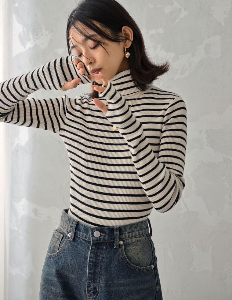指穴リブニットタートルネックトップス - トップス通販 | 人気