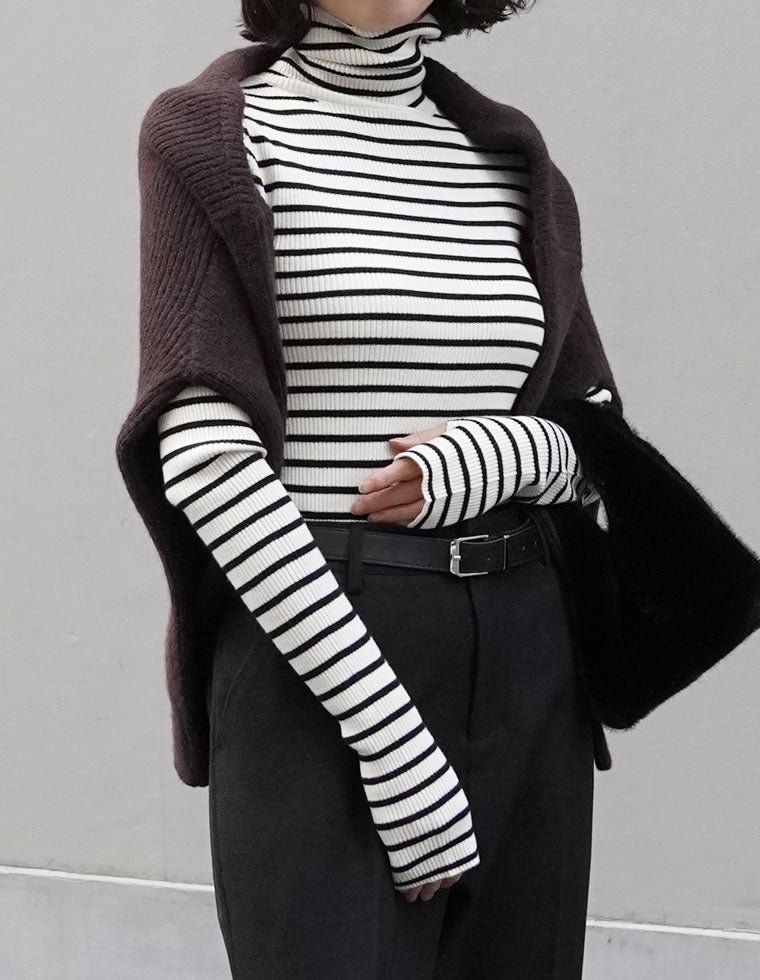 指穴リブニットタートルネックトップス - トップス通販 | 人気