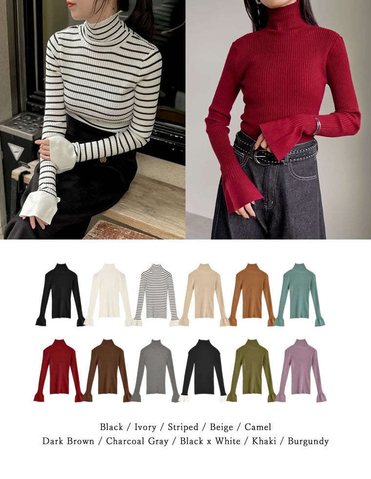 フレアスリーブハイネックリブニットトップス - トップス通販 | 人気