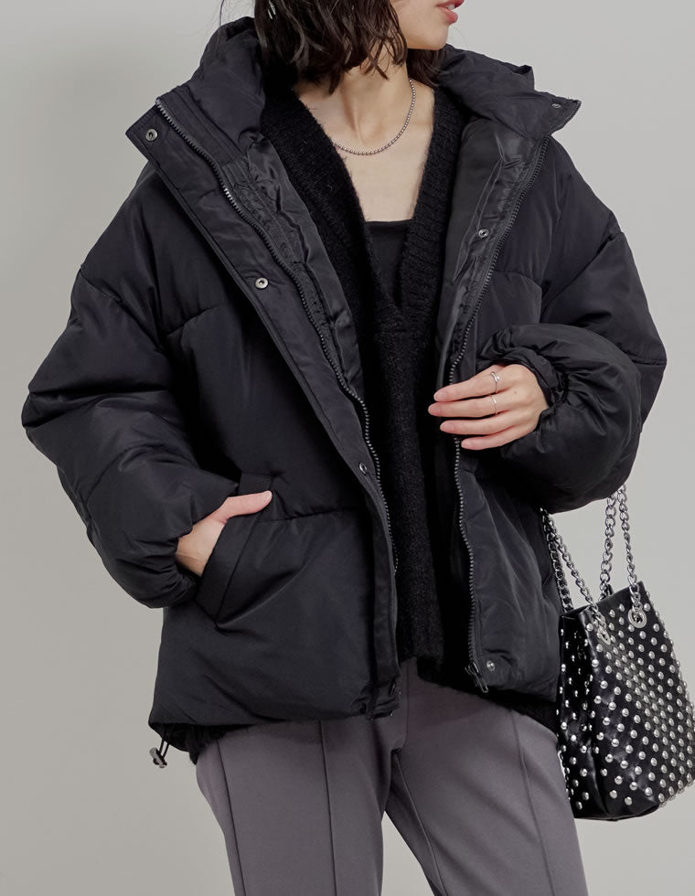 フード付きスタンドカラーフェイクダウン中綿ジャケット - ジャケット