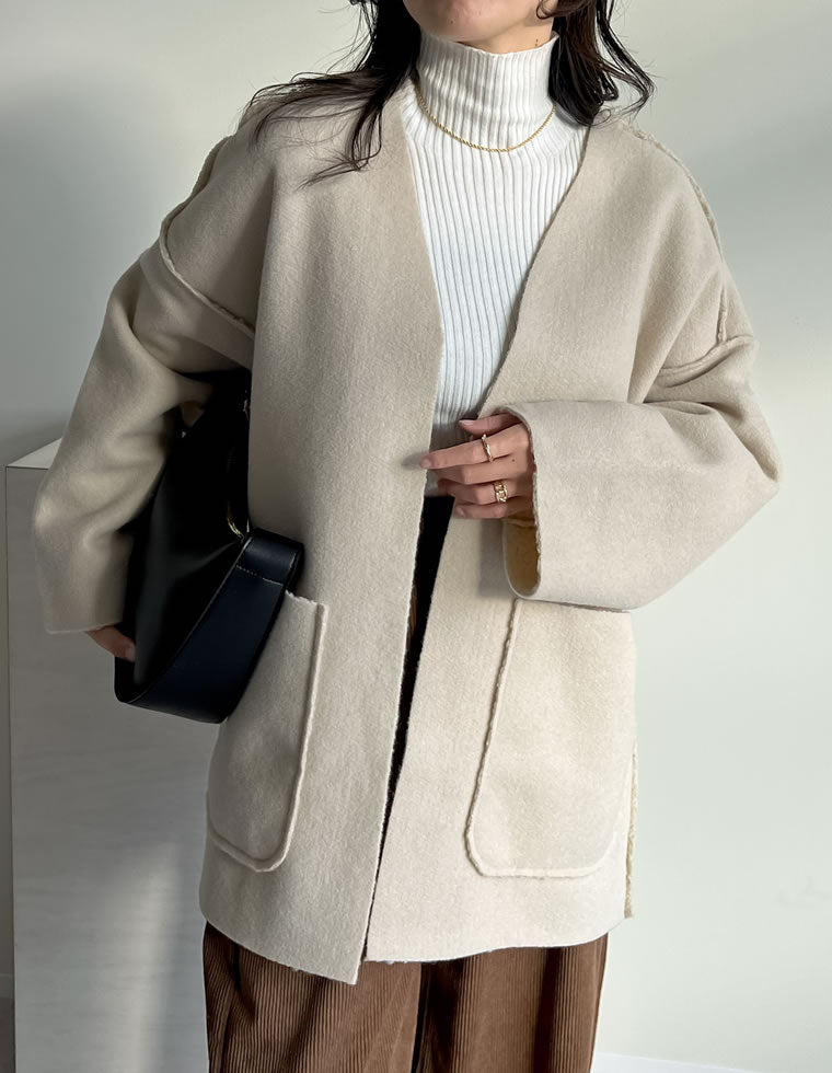 リバーシブルフェイクウールorシープライクボアノーカラーミドルコート