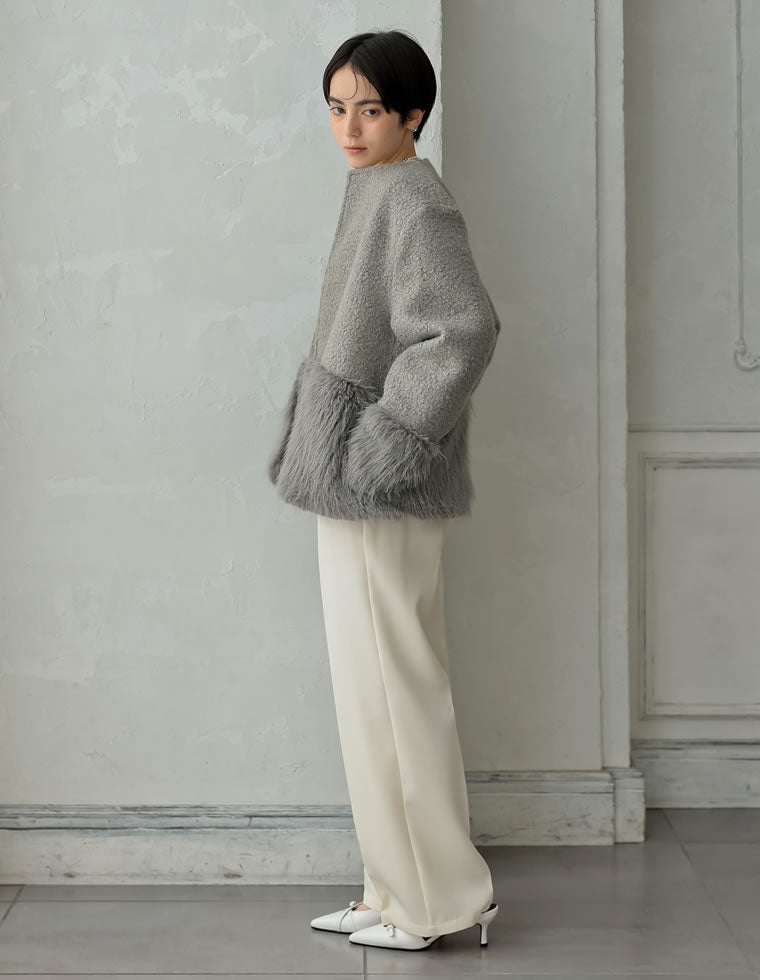 ノーカラーフェイクリングウールファー切り替えコート - ジャケット