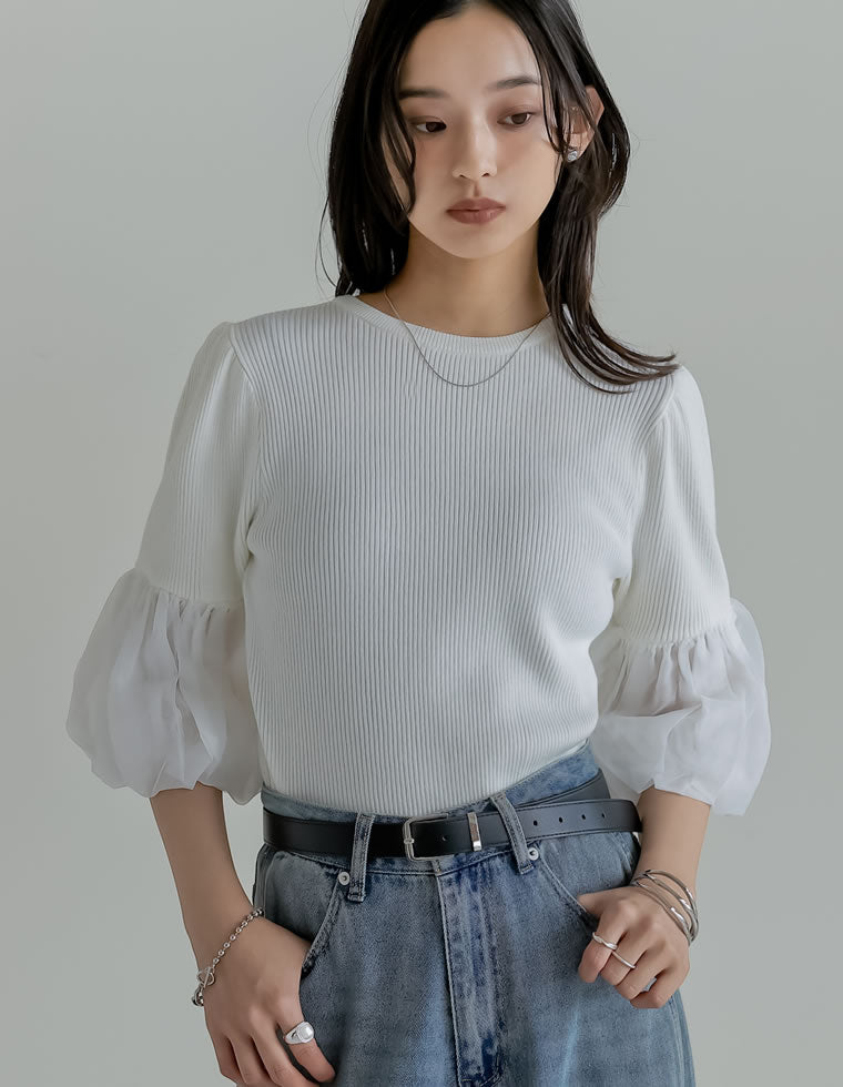異素材袖バルーン七分袖リブニットトップス - トップス通販 | 人気