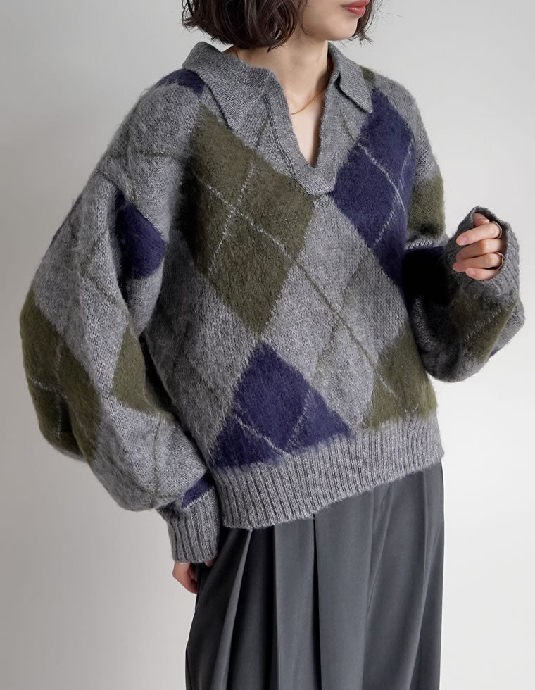 キーネックアーガイルモヘアニットトップス - トップス通販 | 人気