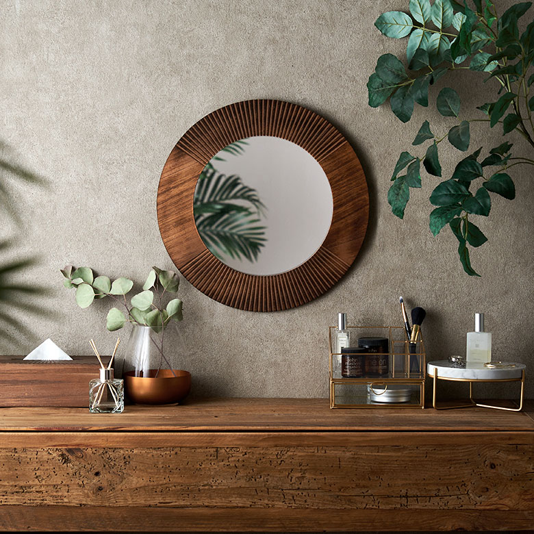 鏡 壁掛けミラー 木製 円形 丸型 約 W42 × D1 × H42 cm 鏡直径 27.5cm