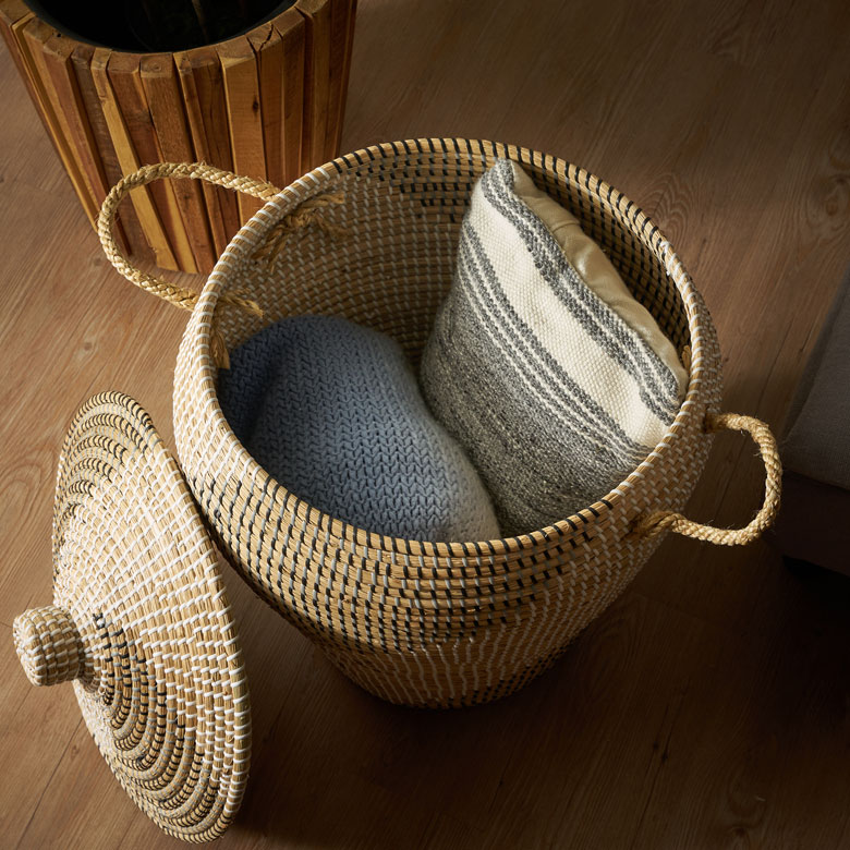 バスケット ふた付き 持ち手付 かごバスケット シーグラス 約 W 44cm D