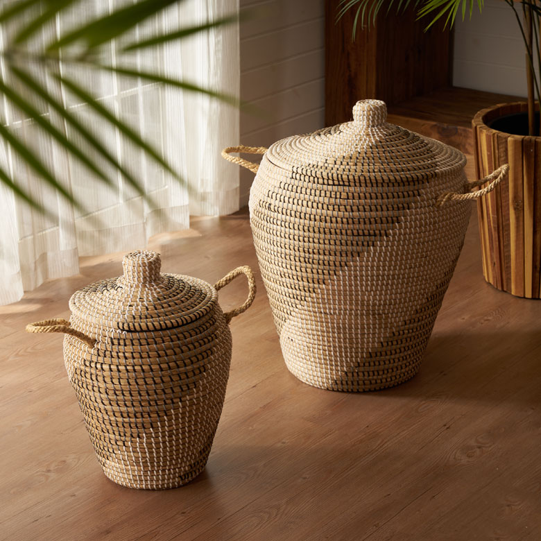 バスケット ふた付き 持ち手付 かごバスケット シーグラス 約 W 30cm D