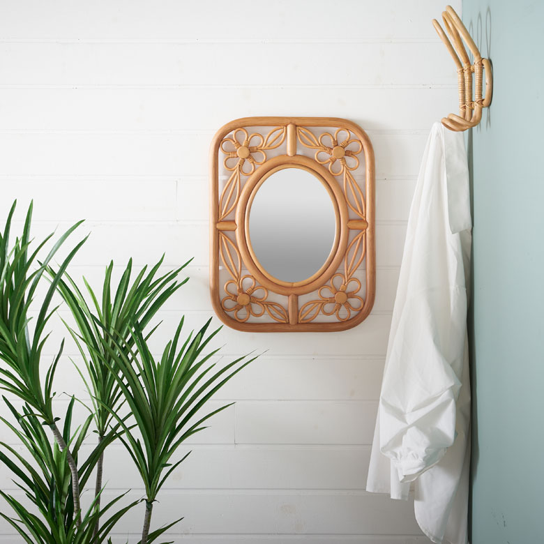 ミラー 鏡 ラタン 籐 取り付け用フック付き 約 W 32.5cm D 2cm H 42cm