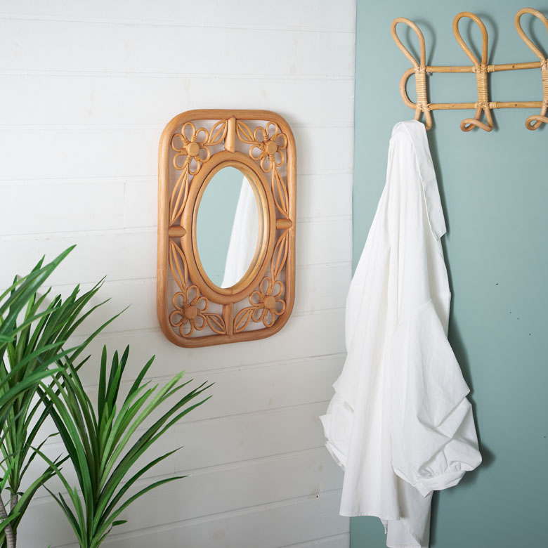 ミラー 鏡 ラタン 籐 取り付け用フック付き 約 W 32.5cm D 2cm H 42cm