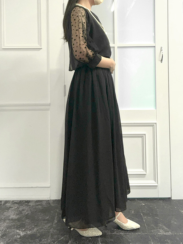 シースルー七分袖シフォンスカートパーティードレス (XSサイズ～4L