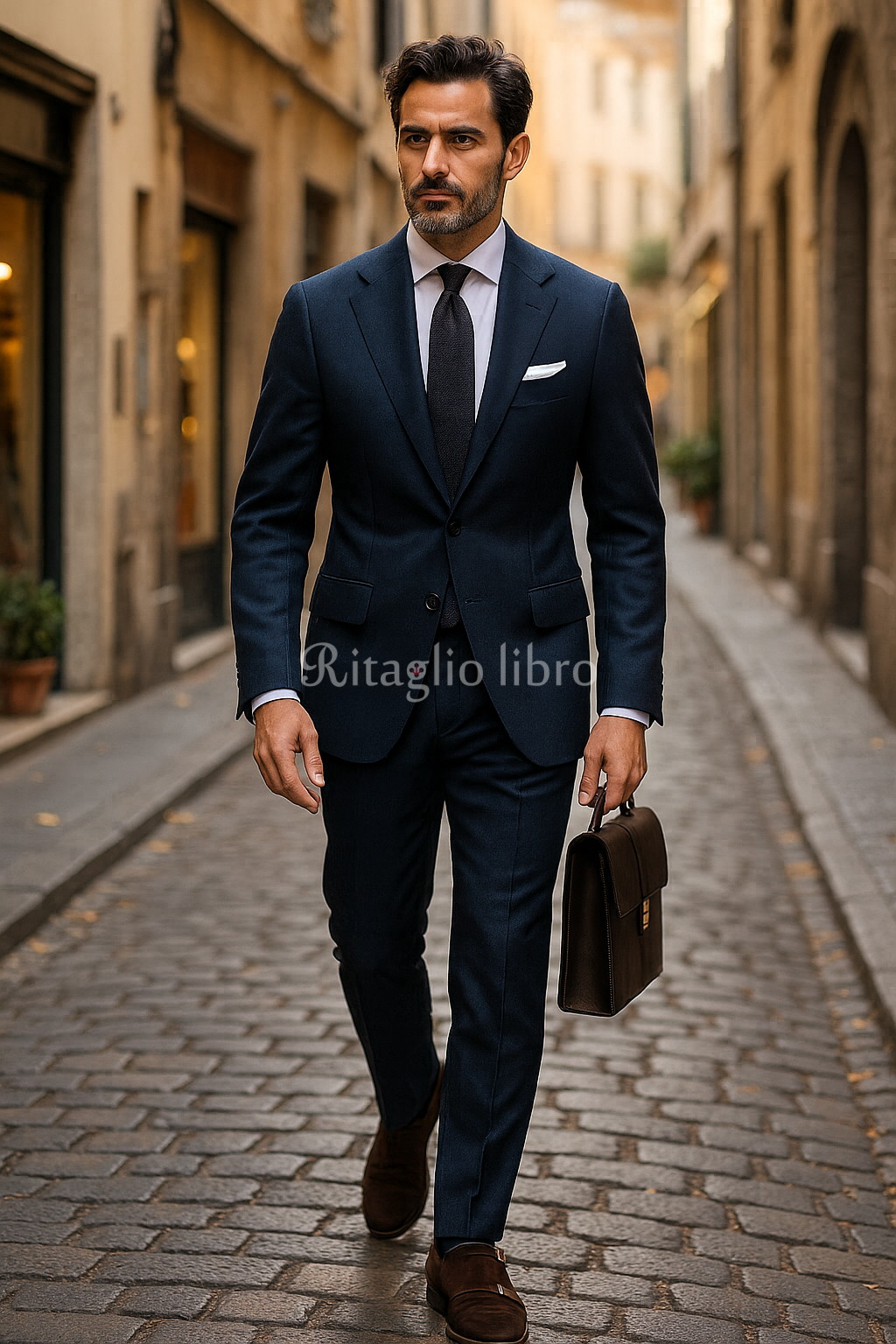 ネイビースーツ×白シャツ×ブラウンスエード靴｜ポケットチーフで格上げ