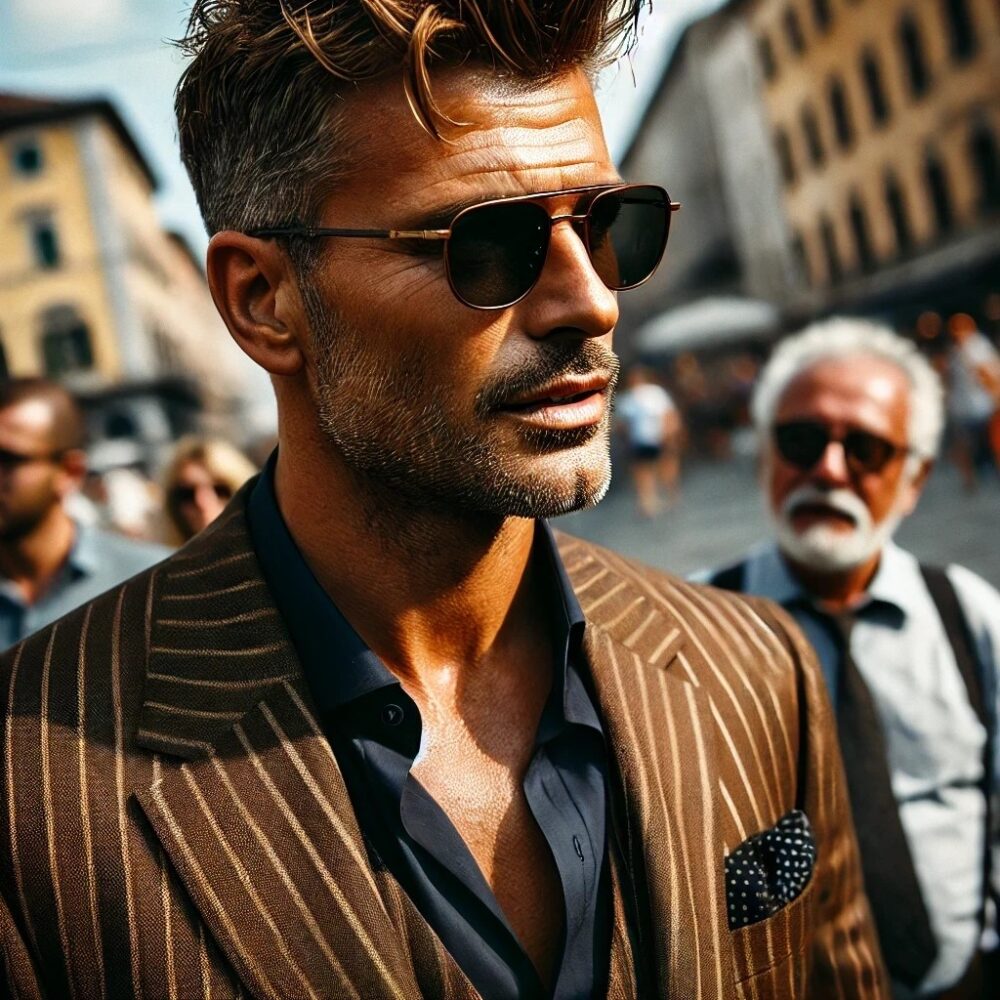 ストライプブラウンスーツに濃紺シャツで引き締める大人の秋スタイル