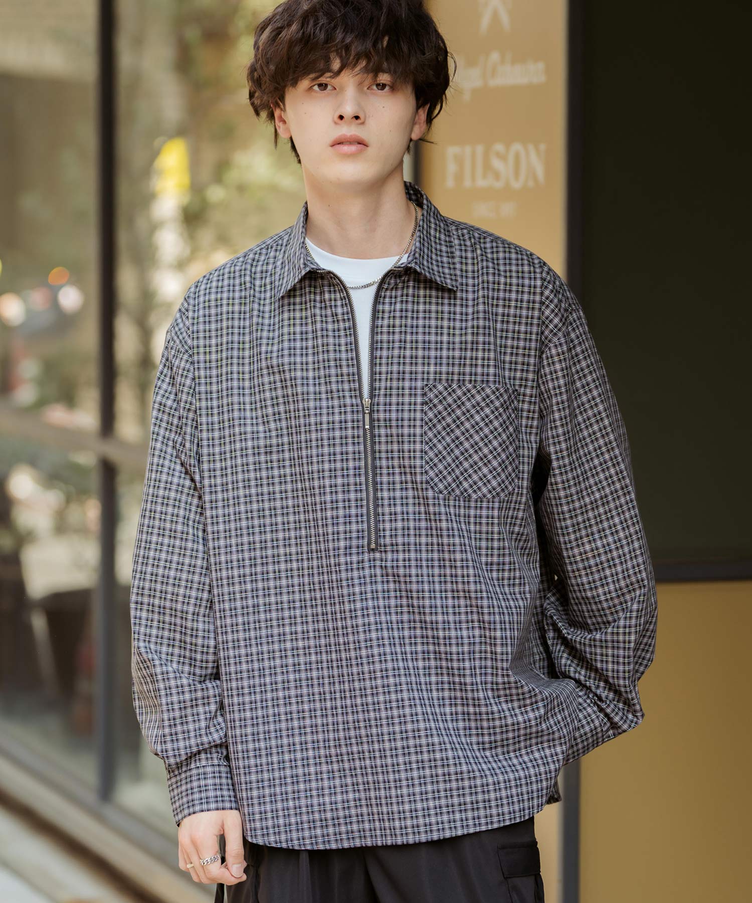 ハーフジップオーバーサイズチェックシャツ/オンブレチェック