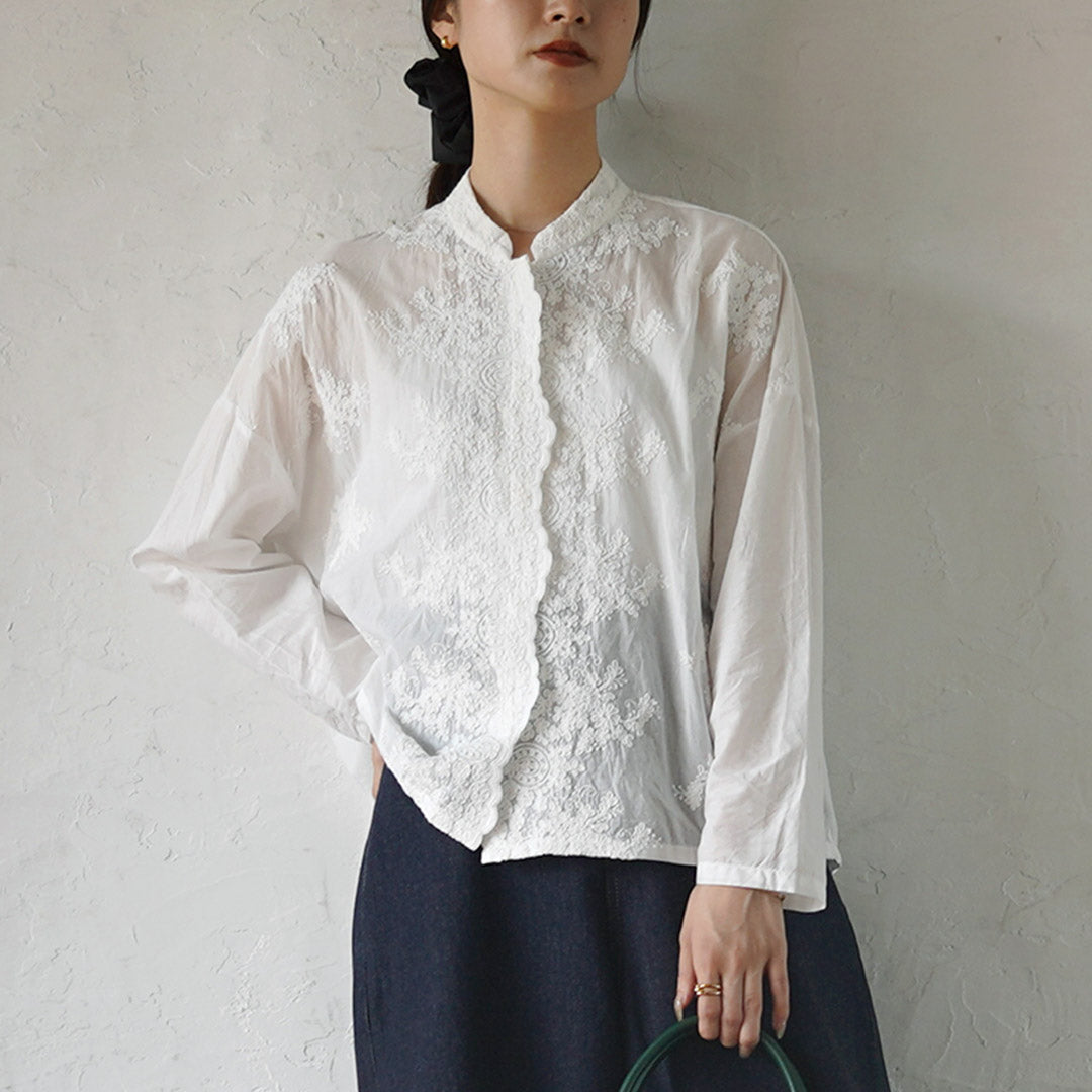 mizuiro ind（ミズイロインド） レース スタンドカラー シャツ