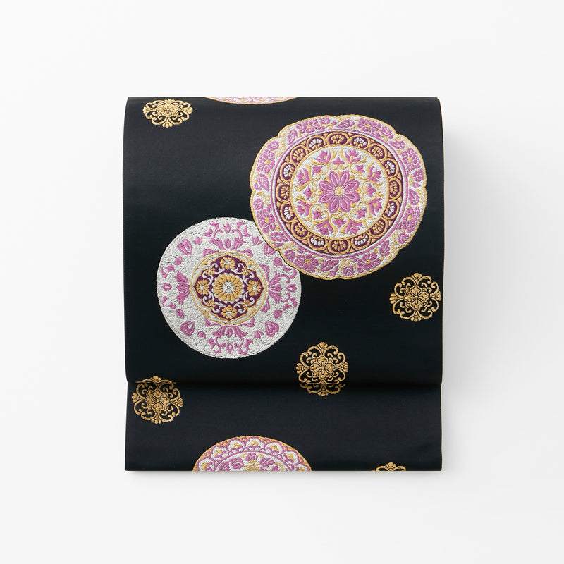 朧月夜 おぼろつきよ 唐花 黒 真珠 鏡裏文様 シンプル 袋帯 西陣織