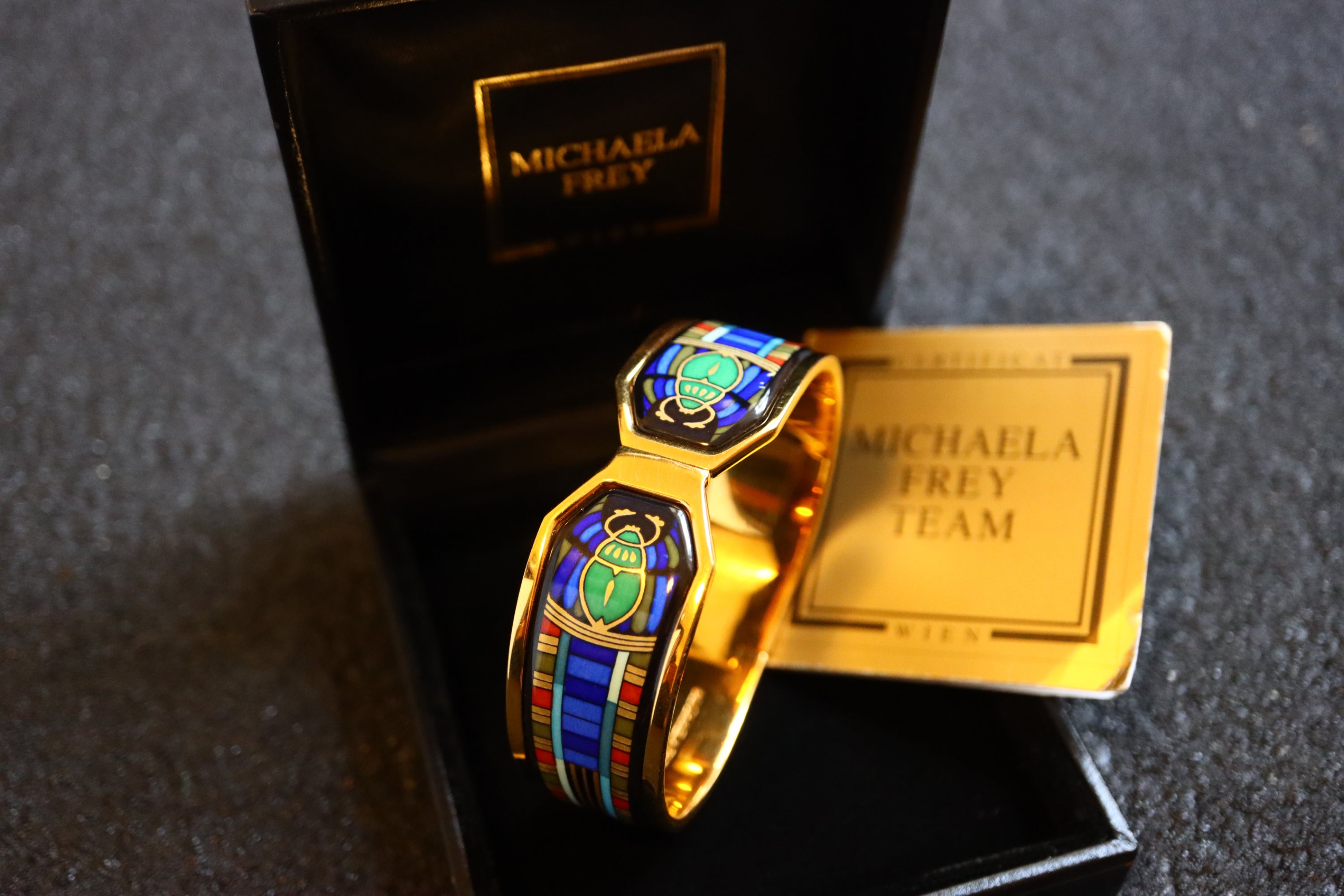 Vintage Michaela Frey Wien blue green Egypt scarab enamel bracelet