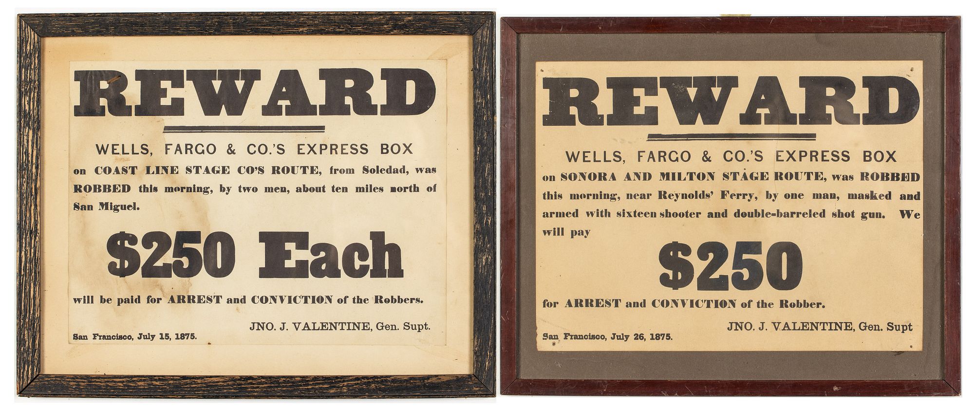 2 Wells Fargo Stage Coach Robbery Award Posters 1875 sold at