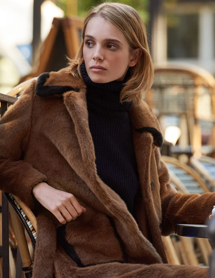 Sandro + Long Faux Fur Coat with Belt