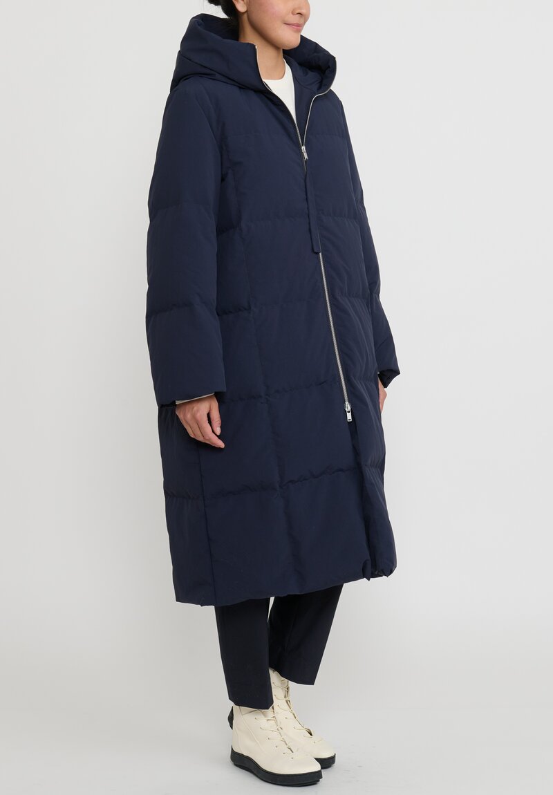 Jil Sander Long Quilted Down Coat in Dark Blue | Santa Fe Dry