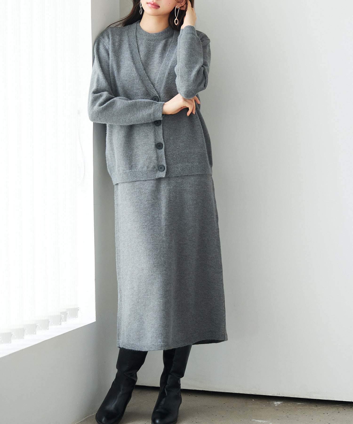 ワンピーとカーディのニットセットアップ/アンサンブルsdp8106 グレー