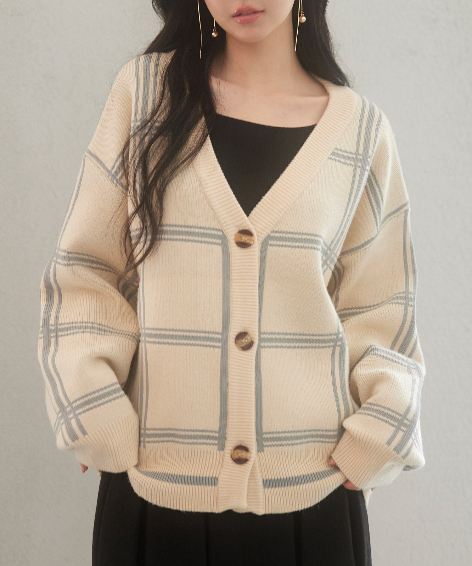 ビッグチェック柄ミドル丈ニットカーディガンsdp8024 ベージュ – [公式