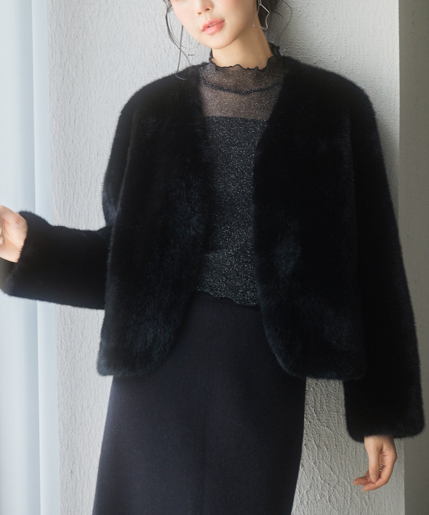もこもこフェイクファーノーカラージャケットsdpps0625 ブラック