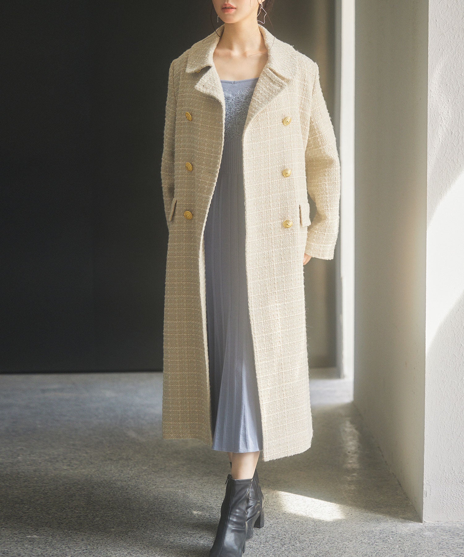 ゴールドボタンロング丈ツイードコートsdpsy0604 ベージュ – [公式
